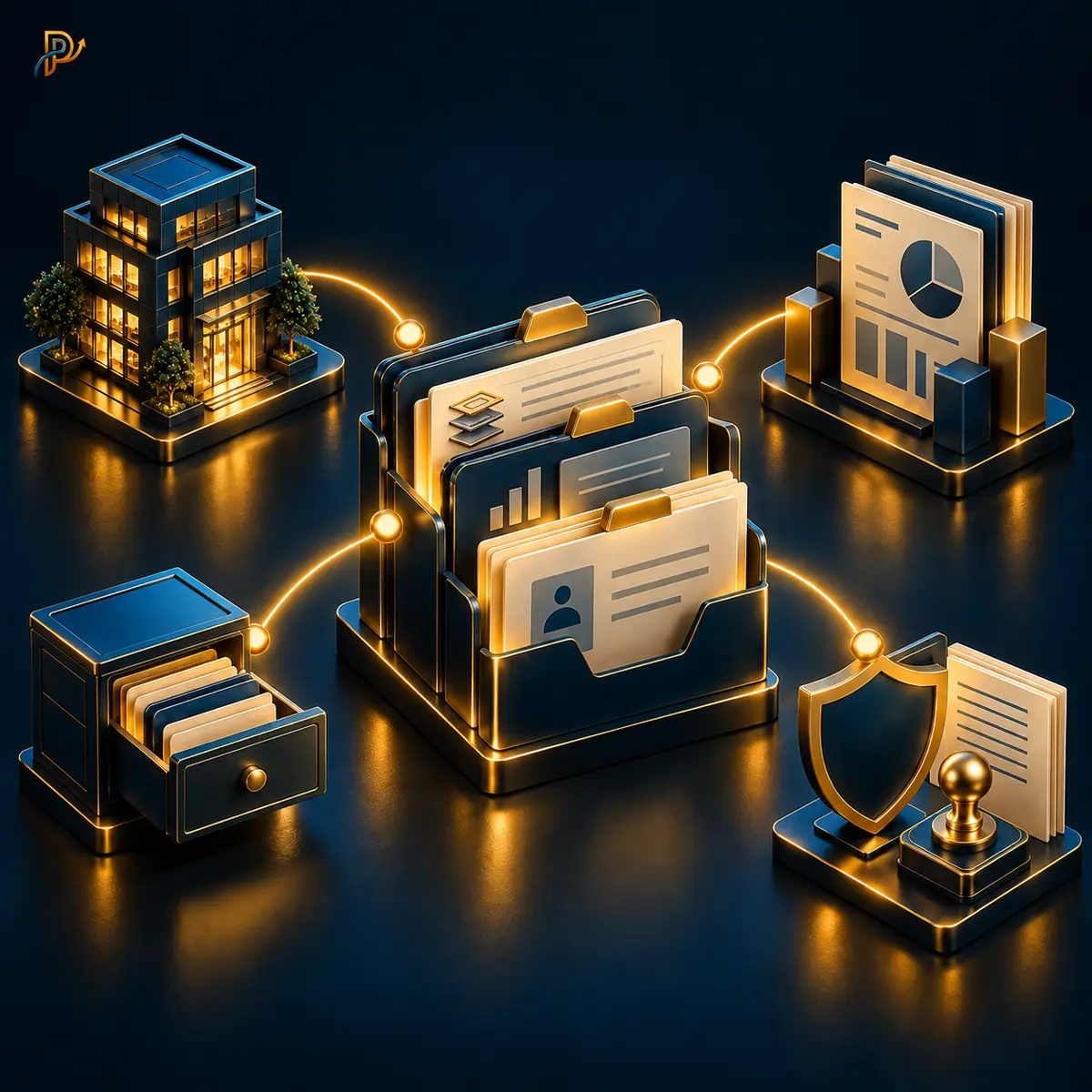 Uporządkowane warstwy dokumentacji do przekształcenia JDG połączone z danymi firmy, finansami i weryfikacją.