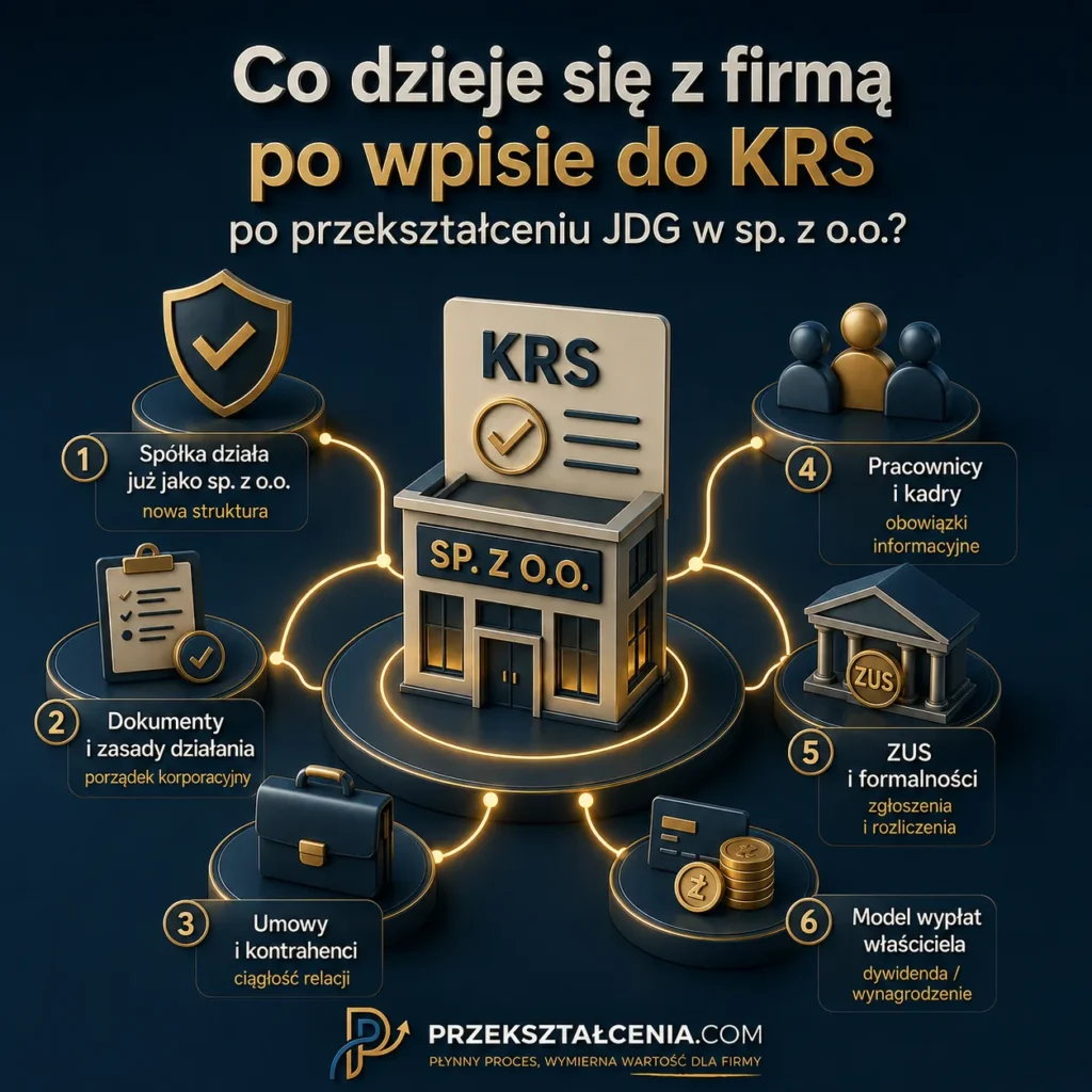 Co dzieje się z firmą po wpisie do KRS po przekształceniu JDG w spółkę z o.o. – dokumenty, ZUS, pracownicy, umowy i wypłaty