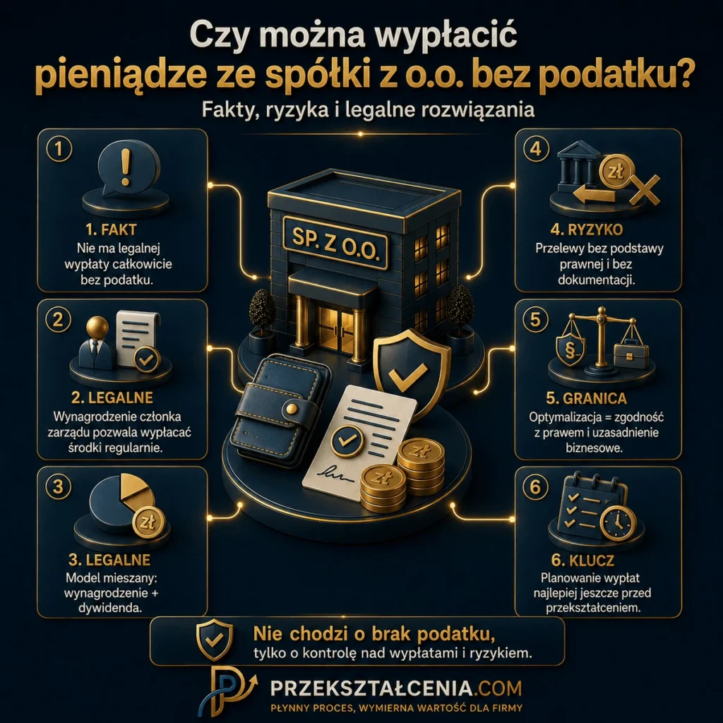 Czy można wypłacić pieniądze ze spółki z o.o. bez podatku – legalne wypłaty, wynagrodzenie, dywidenda, dokumentacja i ryzyka podatkowe