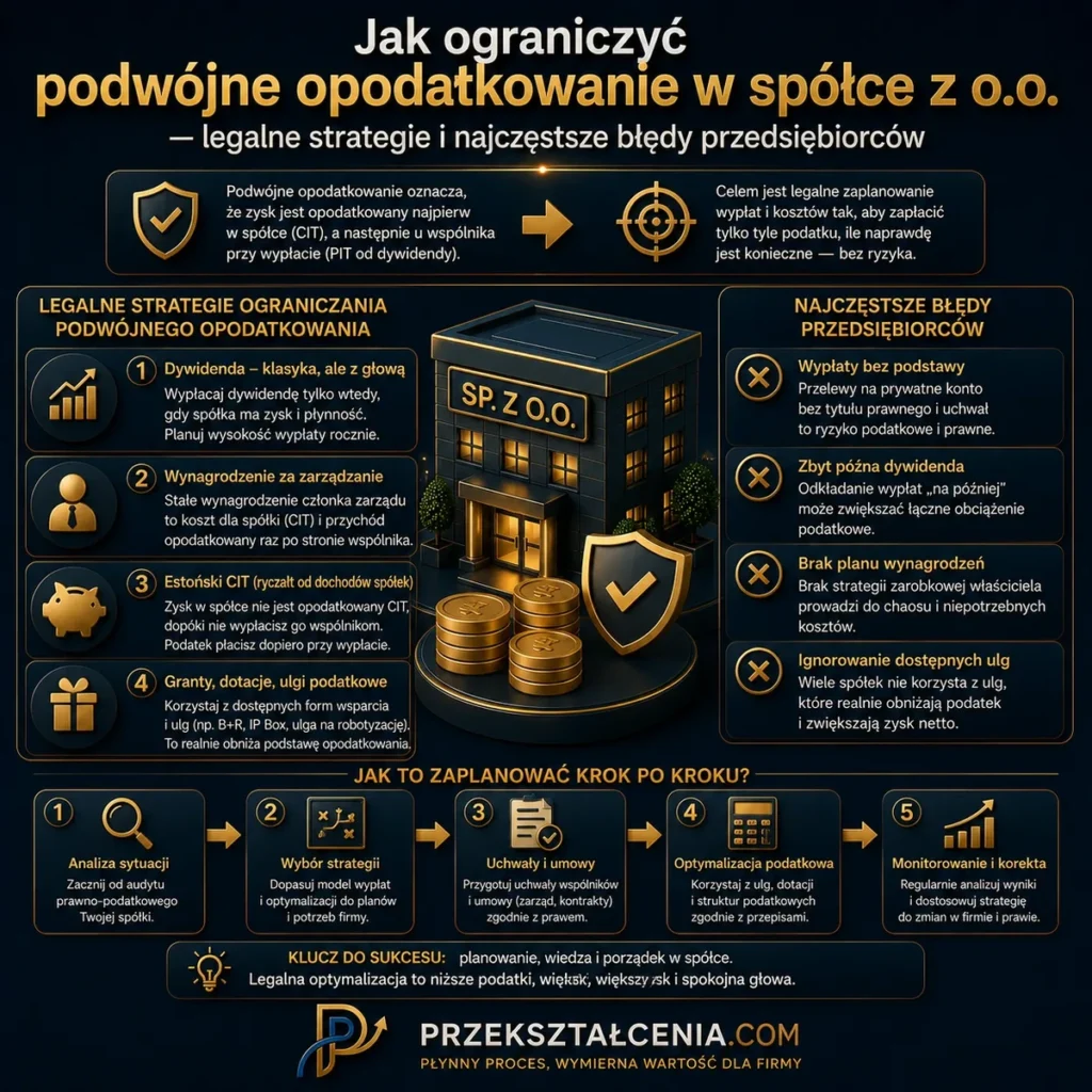 Jak ograniczyć podwójne opodatkowanie w spółce z o.o. – legalne strategie wypłat, dywidenda, wynagrodzenie, estoński CIT i podatki