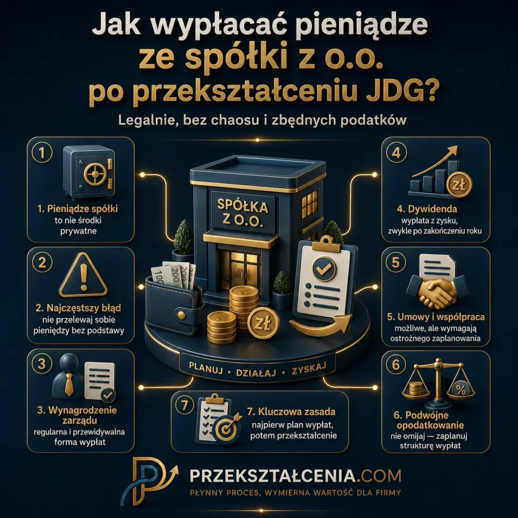 Jak wypłacać pieniądze ze spółki z o.o. po przekształceniu JDG – legalne wypłaty, wynagrodzenie zarządu, dywidenda i podatki